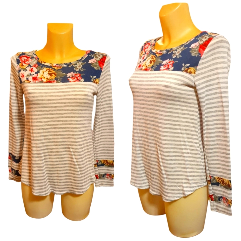 🌹3/15🌹LAKE FLOWER Striped Floral Stretchy Long Sleeve Shirt